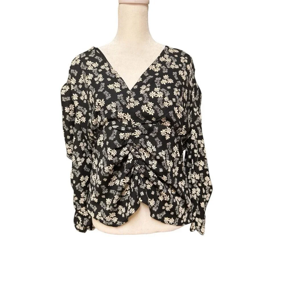 ASTR The Label Floral Ruched Blouse XL Black Puff Sleeve Top